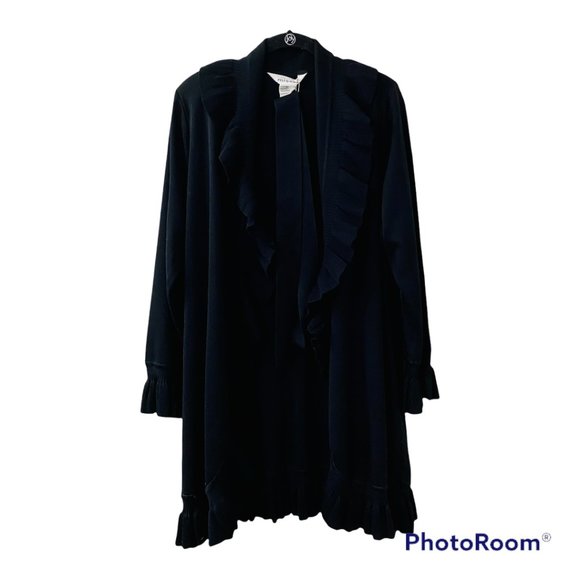 Misook Sweaters - Misook Black Ruffle Waterfall Long-Lined Open Front Cardigan Duster with Belt M